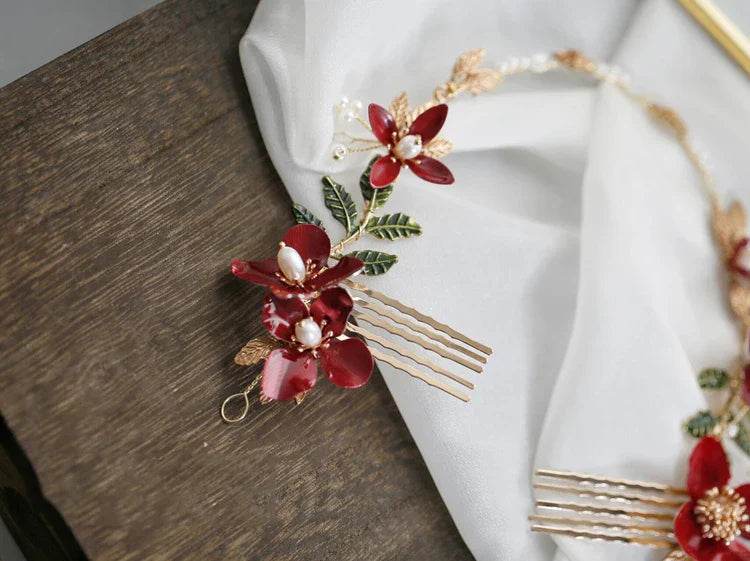 Red Flower Headpieces Headbands Leaf Headdress For Brides Party Dinner Dress Hairbands Wedding Accessories Bridal Hair Jewelry