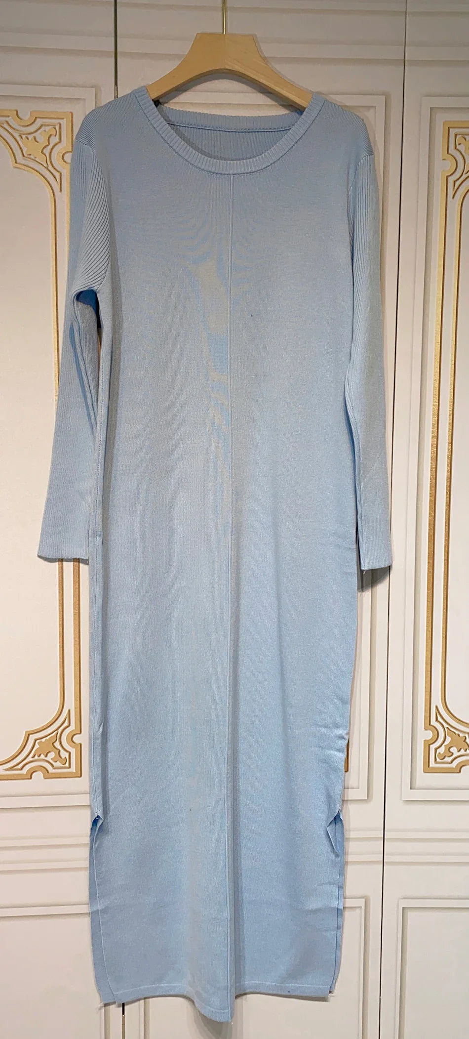 2024 Casual Midi Knit Dress Women's O-neck Long Sleeve Split Straight Dresses 2023 Autumn Pure Color Knit Vestidos SKY BLUE