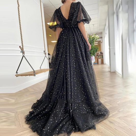 Black Starry Tulle Prom Dresses Half Puff Sleeves Wedding Party Dresses Pleats Split Sweep Train Long Prom Gowns Belt