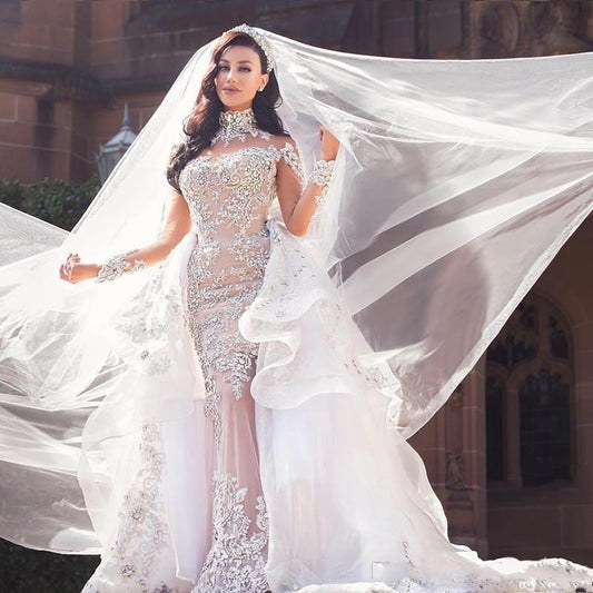 Tulle High-Neck Appliques Detachable-Train Wedding Dress Long Sleeves Glamorous Wedding Dresses Luxury Mermaid Bridal Gowns