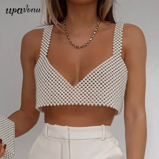 High Street Deep V Neck Pearl Vest Women Fashion Crop Top Ladies White Sleeveless Sexy Club Tank Top Blusas