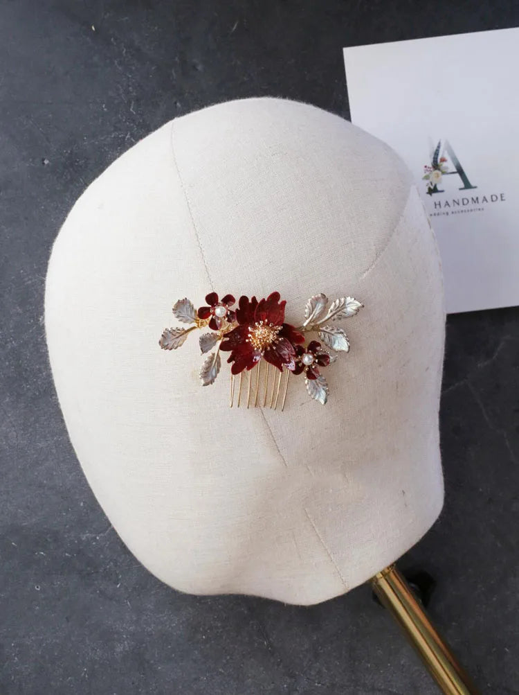 Leaf Hairpin Red Flower Hair Comb Clips Brides Bridesmaids Gold Color Head Pieces Headdress Wedding Accessories Bridal Jewelry a