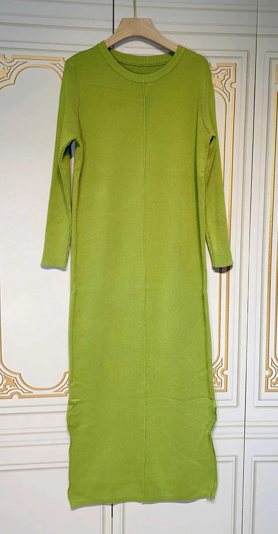 2024 Casual Midi Knit Dress Women's O-neck Long Sleeve Split Straight Dresses 2023 Autumn Pure Color Knit Vestidos light green