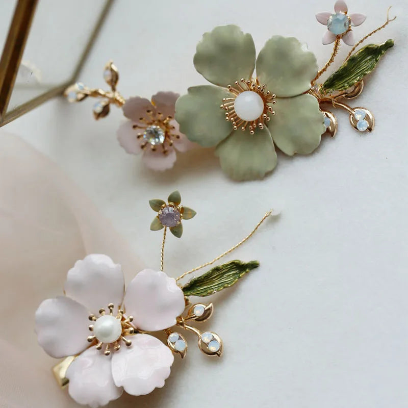 Bridal Jewelry Pink Flower Hairpins Crystal Hair Clips Pins Headpieces For Brides Women Girl Headdress Wedding Accessories