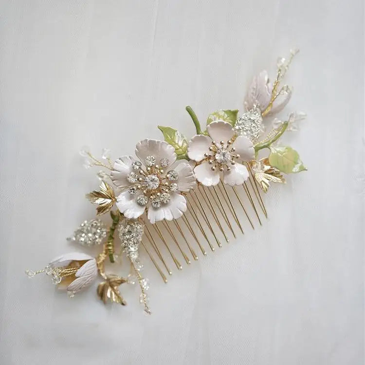 Bridal Hair Jewelry Flower Leaf Comb Fashion Zirconia Crystal Hairpins Gold Color Headpieces Headdress Women Wedding Accessories Default Title