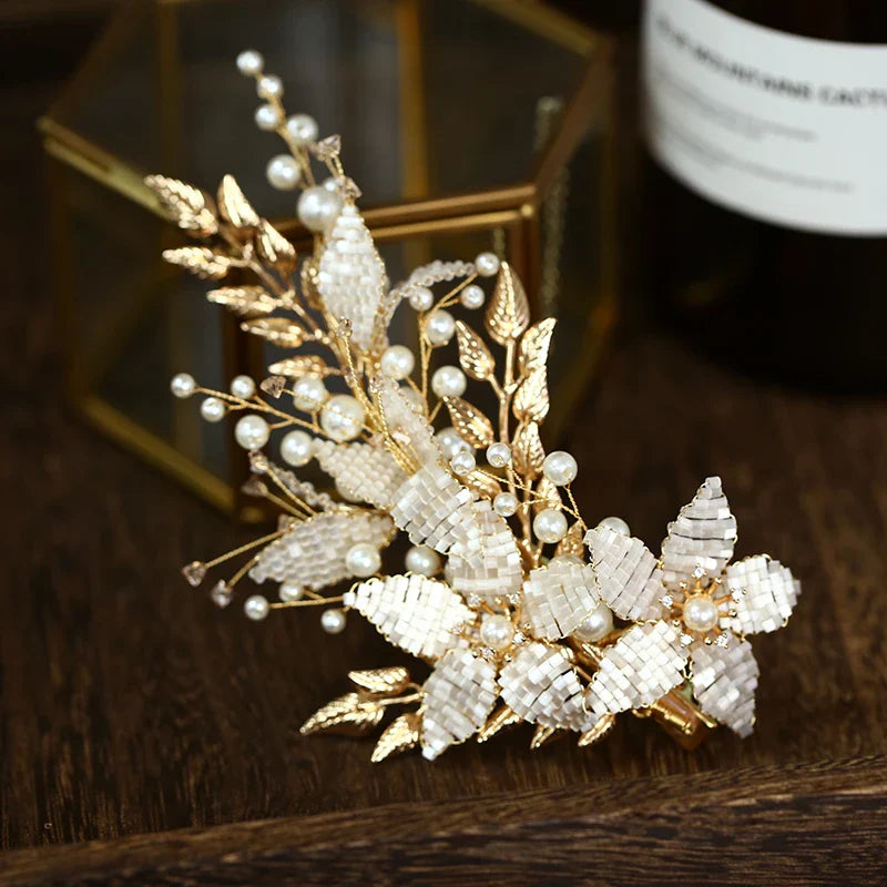Vintage Gold Color Headpieces Headwear Crystal Pearls Headbands Hairbands Bride Hair Pin Clip Bridal Jewelry Wedding Accessories