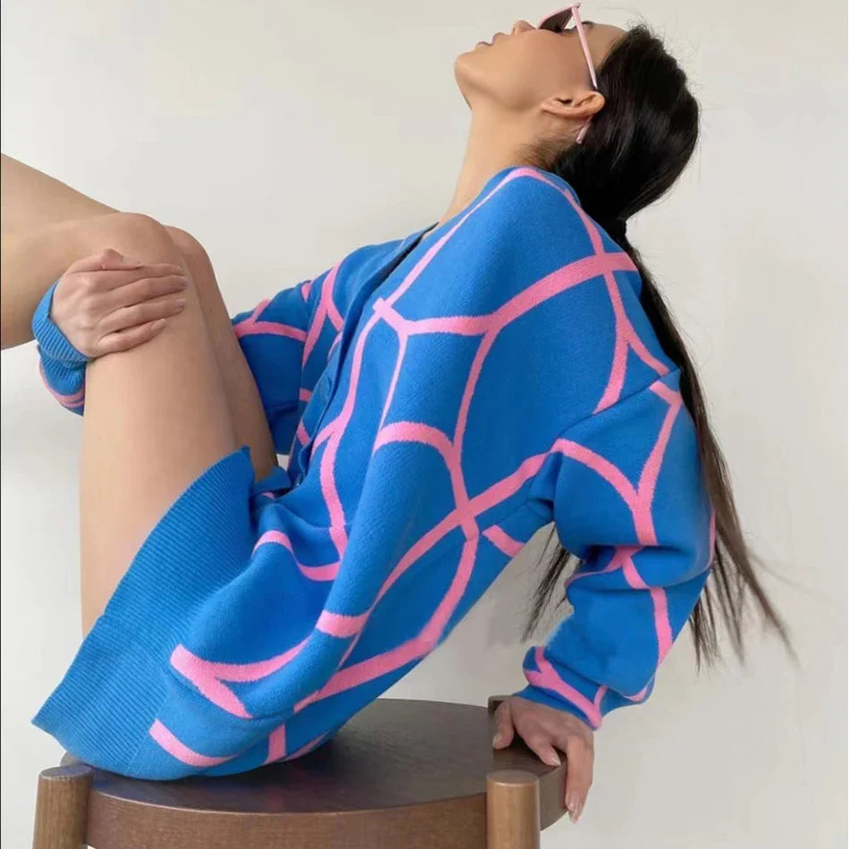 Women's Casual Oversized Cardigan Knitted Fall V-neck Lantern Long Sleeve Single-breasted Printed Knit