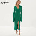 Autumn Bodycon Dress Sweater Knitted Green Women Sexy Midi Split V Neck Long Sleeve Casual Dresses Party Vestidos