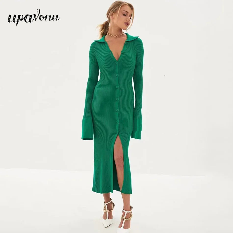 Autumn Bodycon Dress Sweater Knitted Green Women Sexy Midi Split V Neck Long Sleeve Casual Dresses Party Vestidos