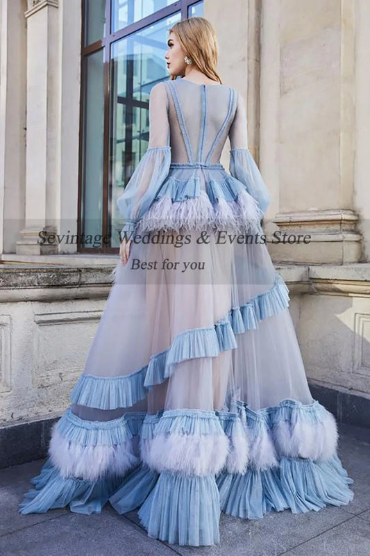 Princess A Line Tiered Feathers Evening Dresses Long Sleeves Transparent Tulle Prom Gowns Modest Women Party Dress