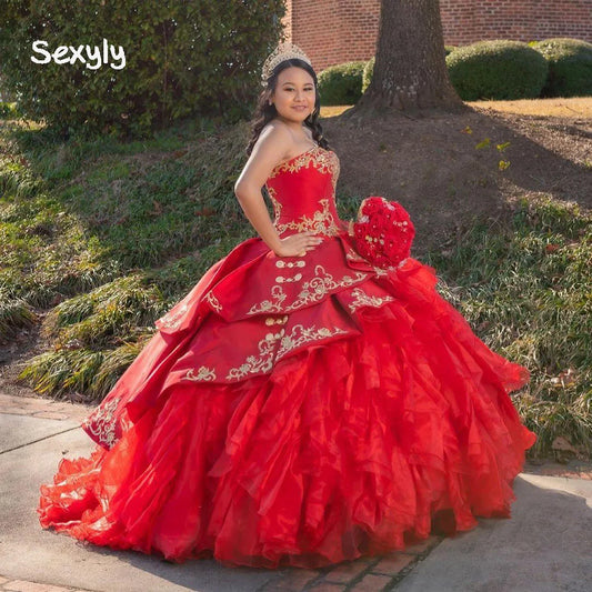 Vintage Red Charro Quinceanera Dresses Mexican Ball Gown Gold Lace Organza Ruffles Sweet 16 Dress Party Dresses Retro Customized