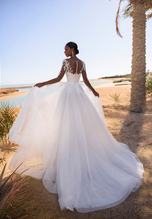 Gracioso vestido de casamento boêmio sheer manga longa renda appliqued noiva uma linha tule vestidos de noiva robe personalizado novia