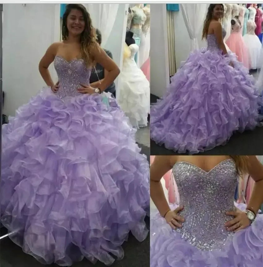 Sparkly Sequins Lilac Sweetheart Ball Gown Quinceanera Dresses 15 Party Beaded Organza Special Occasion Princess Birthday Gowns