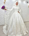 customized Luxury Muslim A Line Wedding Dresses Long Flare Sleeves Lace Satin Bride Dresses Arabic Islamic Vestido De Noiva