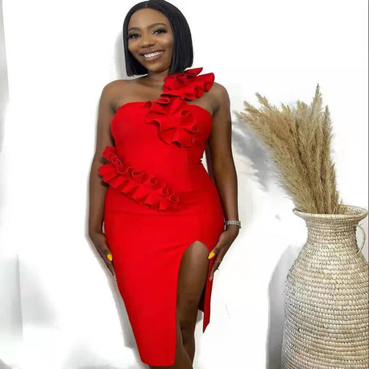 2022 Summer Women One Shoulder Sexy Ruffles Bodycon Mini Dress Bandage Rayon Celebrate Birthday Party Dress Vestido
