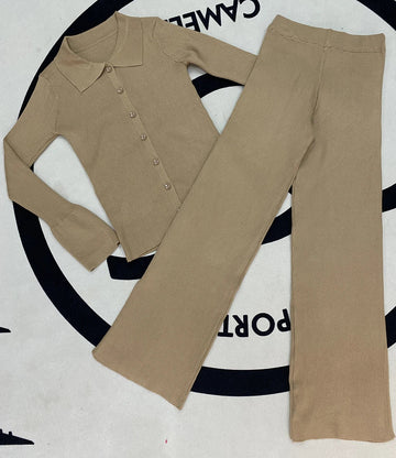 2024 Slim Knit Two-Piece Set Women’s Flare Sleeve Cardigan & Flare Knit Trousers Khaki