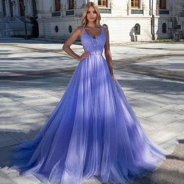 Lavender Lace Applique Glitter Tulle A-Line Corset Prom Dress Plus Size Formal Evening Gown As Picture