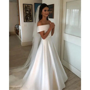 Vestido de Novia Satinado Off the Shoulder Largo Elegante Simple para Novia As Picture