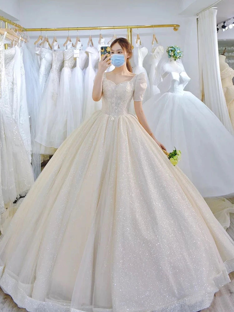 Licht eenvoudige trouwjurk prinses bruid jurk glanzende baljurk trouwjurk Vestido de noiva