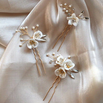 Wedding Accessories Rhinestones Crystal Head Pieces Porcelain Flower Hair Pins Clips Hairpins Brides Headdress Bridal Jewelry gold color