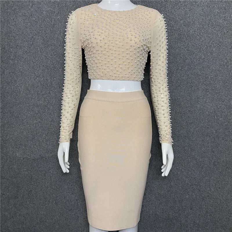 Black Khaki Color Ladies HL Bandage Dress Sexy 2 Pieces Bodycon Mini Dress Beading Tops Pencil Skirt Women's Set