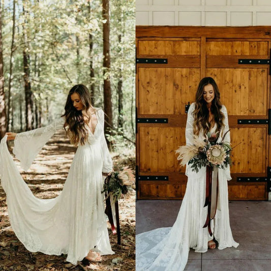 Country Style Wedding Dresses Boho Lace Long Sleeves Deep V Neck A Line Ivory Beach Bohemian Plus Size Summer Bridal Gowns