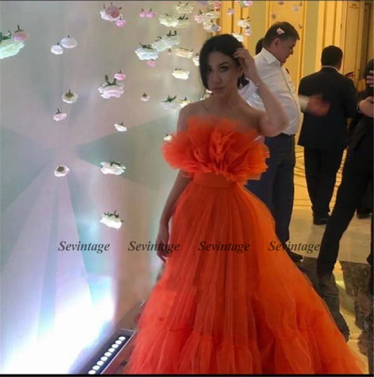 Orange Ruffles Tulle Evening Party Dresses Strapless Tiered Plus Size Prom Dresses A Line Special Occasion Gowns