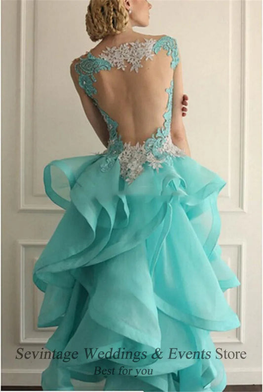 Blue High Front and Low Back Cocktail Dresses Illusion Neck Organza Lace Appliques Ruffle Beads Homecoming Gowns