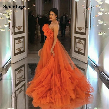Orange Ruffles Tulle Evening Party Dresses Strapless Tiered Plus Size Prom Dresses A Line Special Occasion Gowns
