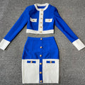 2024 Patchwork Black White O Neck Long Sleeves With Pockets Buttons Two Pieces Bandage Skirt Women Set Blue