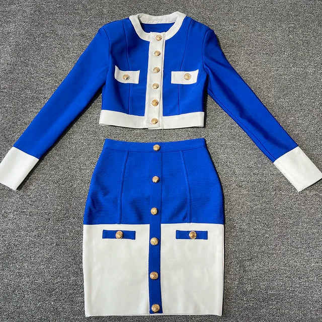 2024 Patchwork Black White O Neck Long Sleeves With Pockets Buttons Two Pieces Bandage Skirt Women Set Blue