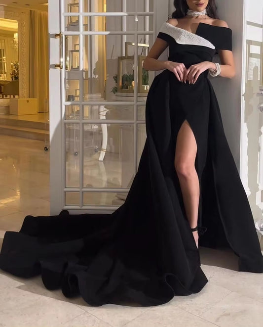 Black A Line Arabia Long Prom Dresses Off The Shoulder Prom Party Gowns Slit Side Formal Evening Dress with Train