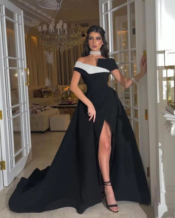 Black A Line Arabia Long Prom Dresses Off The Shoulder Prom Party Gowns Slit Side Formal Evening Dress with Train