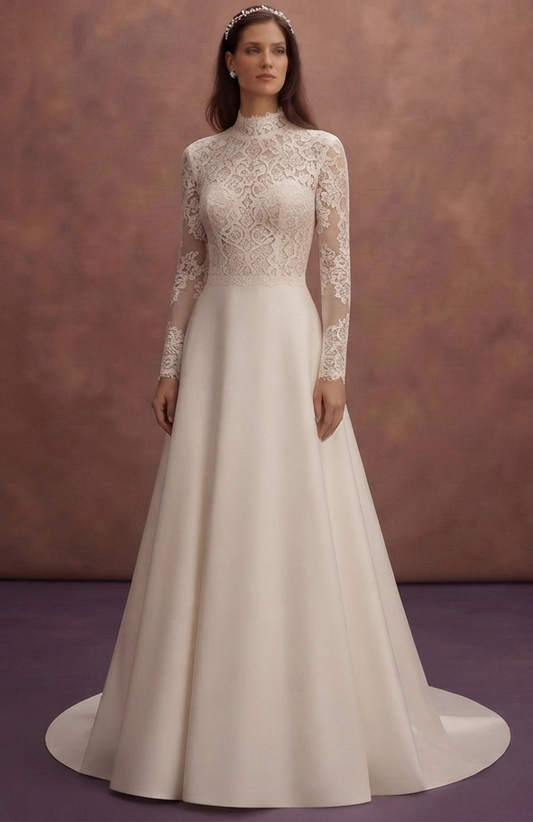 High Neck Lace Wedding Dresses with Modest Beauty