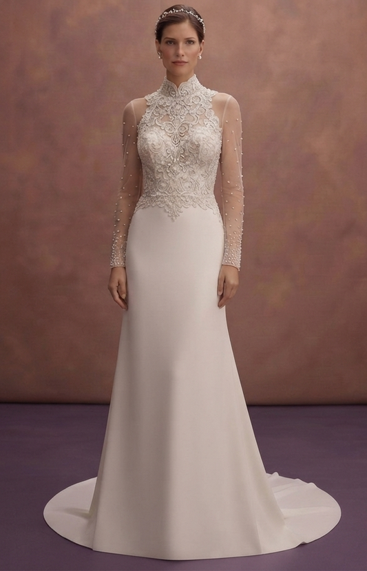 High Neck Wedding Dresses with Pearl Details