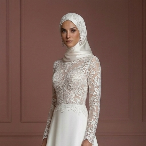Hijab Bridal Wedding Dress With Lace Embroidery Modest Style Muslim