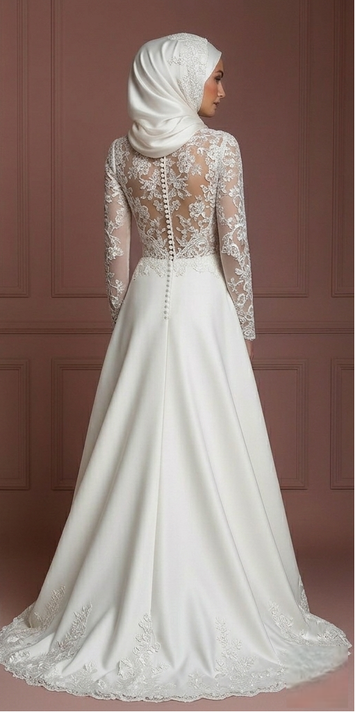 Hijab Bridal Wedding Dress With Lace Embroidery Modest Style Muslim