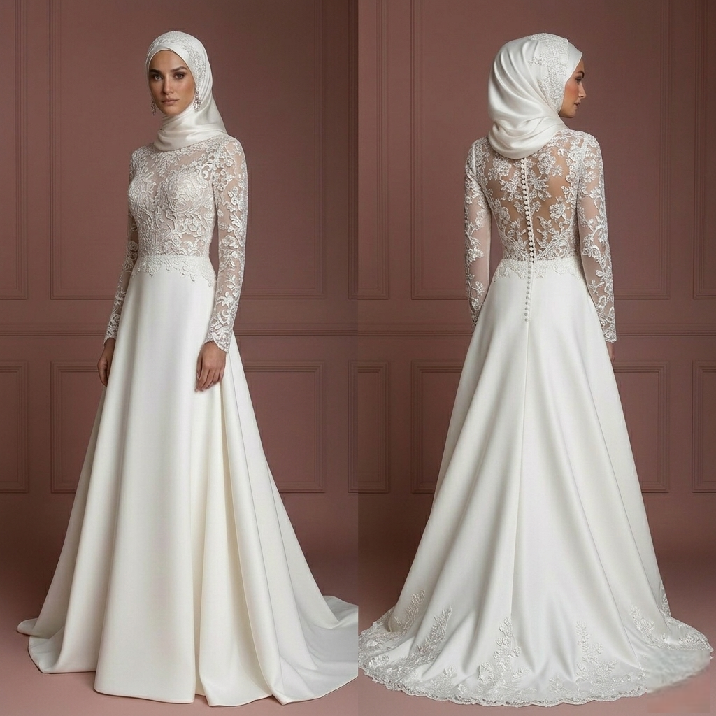 Hijab Bridal Wedding Dress With Lace Embroidery Modest Style Muslim