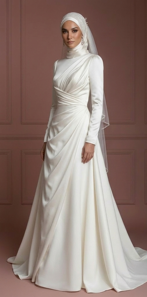 Hijab Bridal Wedding Dress With Satin Draped Bodice Muslim