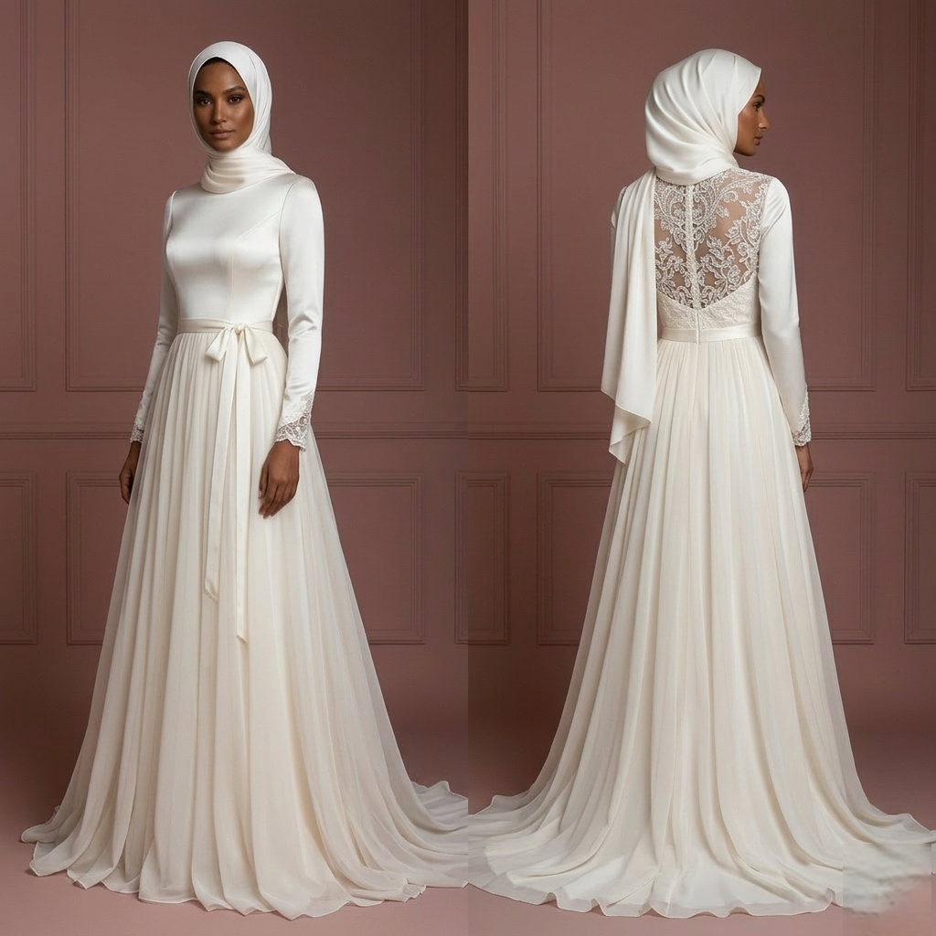 Hijab Bridal Wedding Dress With Soft Flowing Skirt Muslim