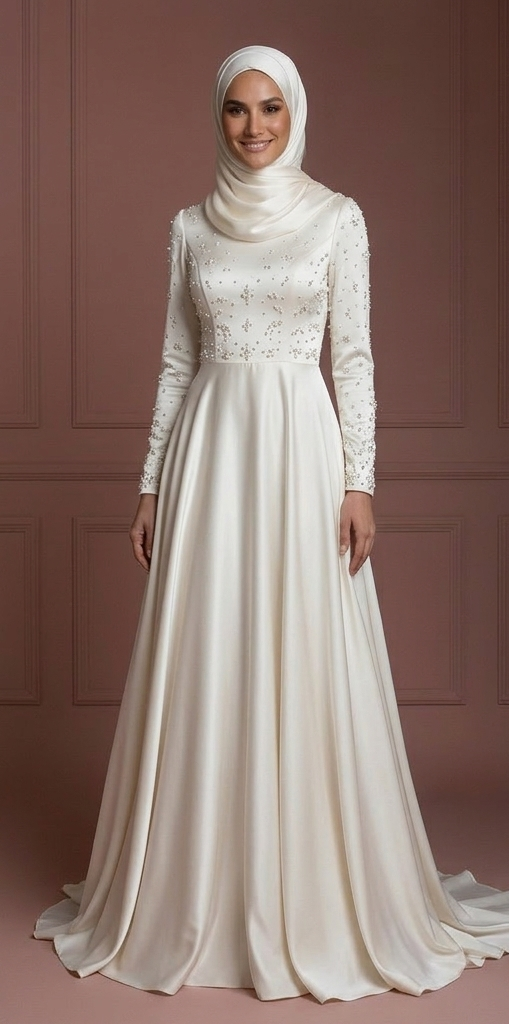 Hijab Bridal Wedding Dress With Soft Satin Fabric Muslim