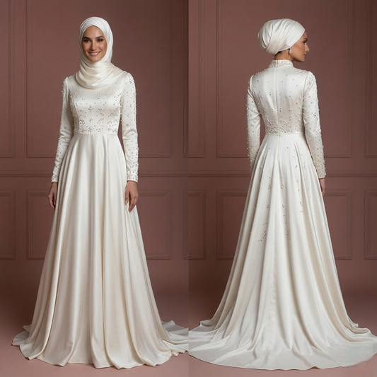 Hijab Bridal Wedding Dress With Soft Satin Fabric Muslim