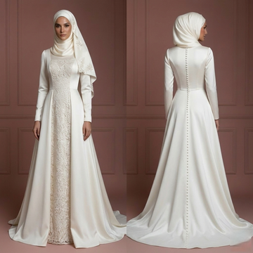 Hijab Bridal Wedding Dress With Square Neck Modest Style Muslim