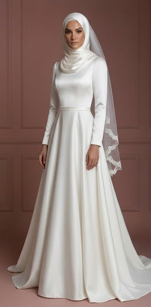 Hijab Bridal Gown Satin Long Sleeve Modest Bridal Wear Muslim Wedding Dress