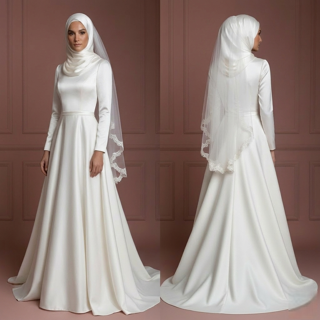 Hijab Bridal Gown Satin Long Sleeve Modest Bridal Wear Muslim Wedding Dress