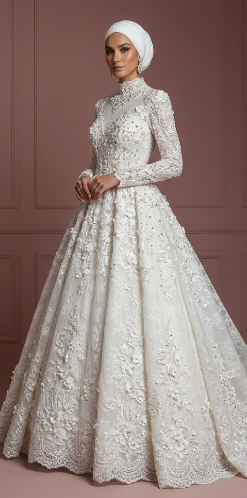 Hijab Bridal Gown With Cathedral Train Luxury Style Muslim Wedding Dress