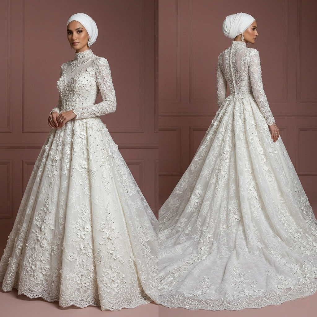 Hijab Bridal Gown With Cathedral Train Luxury Style Muslim Wedding Dress