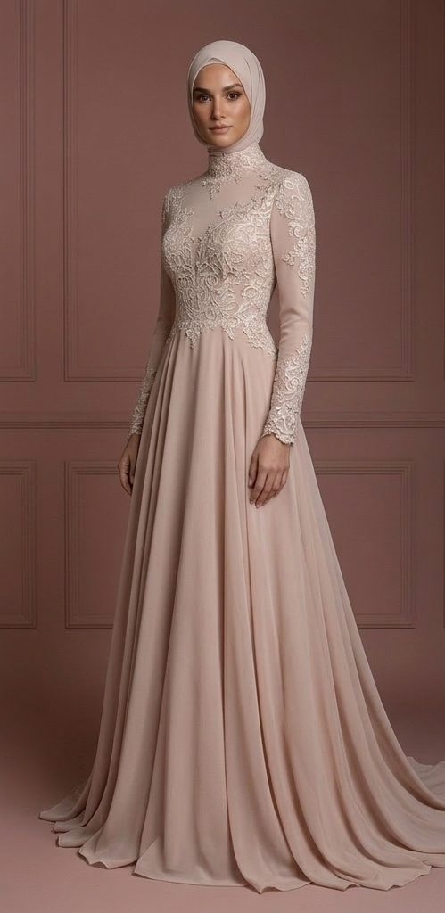 Hijab Bridal Gown With Flowing Chiffon Fabric Wedding Dress Muslim