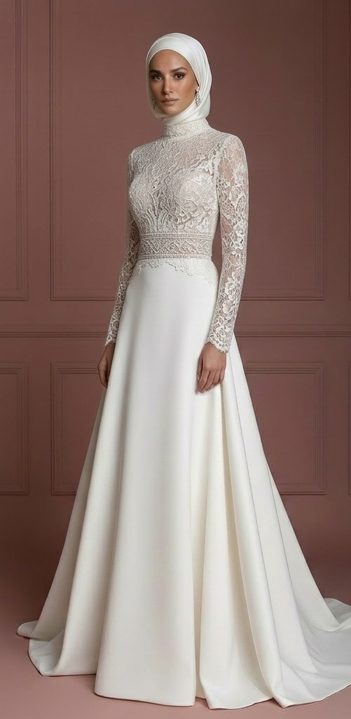 Hijab Bridal Gown With Structured Waist Support Muslim Wedding Dress