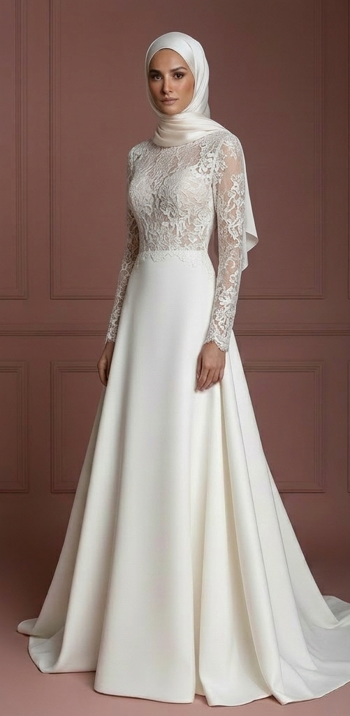 Hijab Bridal Weddding Dress With Romantic Lace Style Muslim